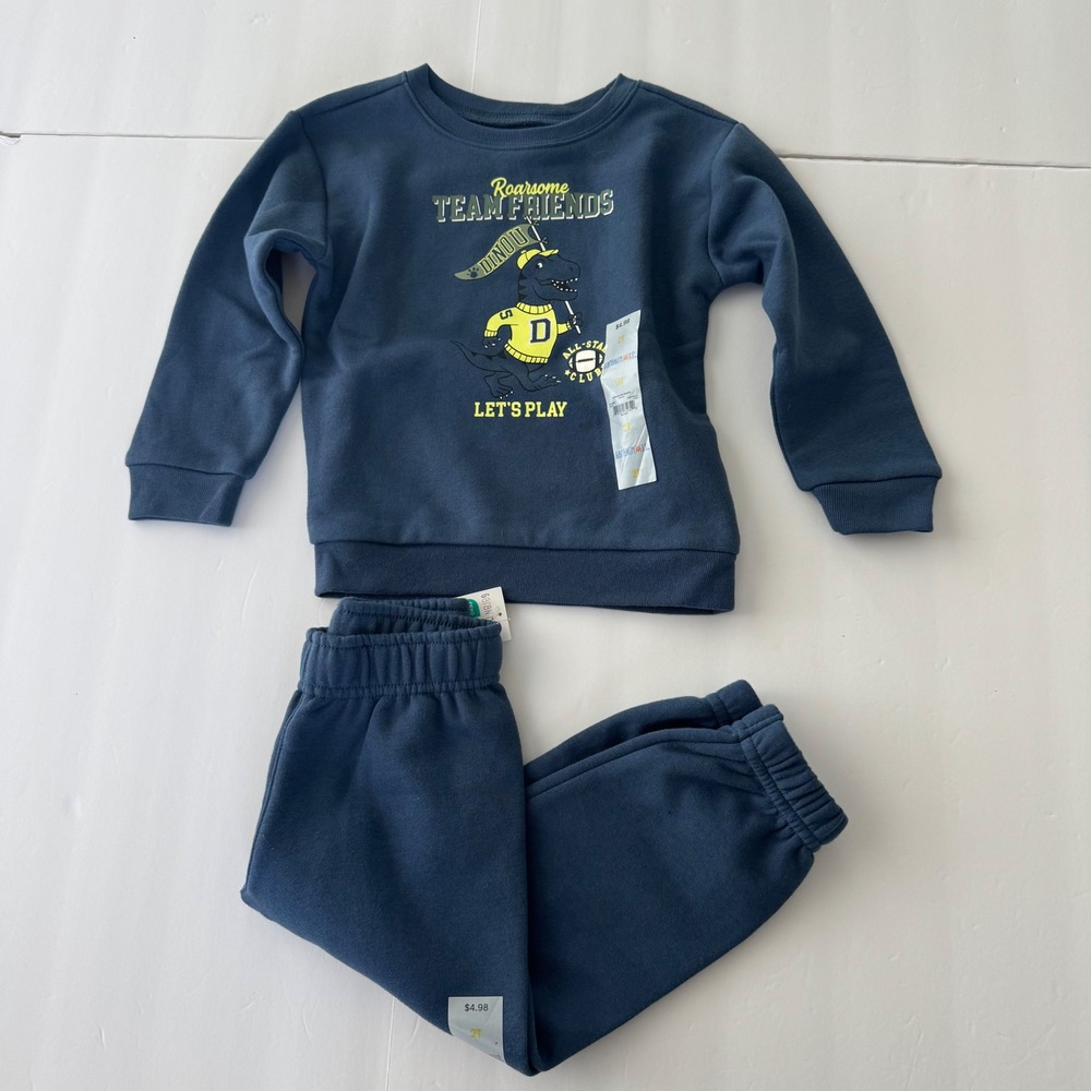 Garanimals Boys 2T Fleece Sweatshirt and Joggers Set Blue Dinosaur Graphic NEW